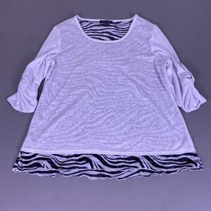 Michael Tyler Blouse Women's XXL Zebra Layered Split Back 3/4 Sleeve Top White